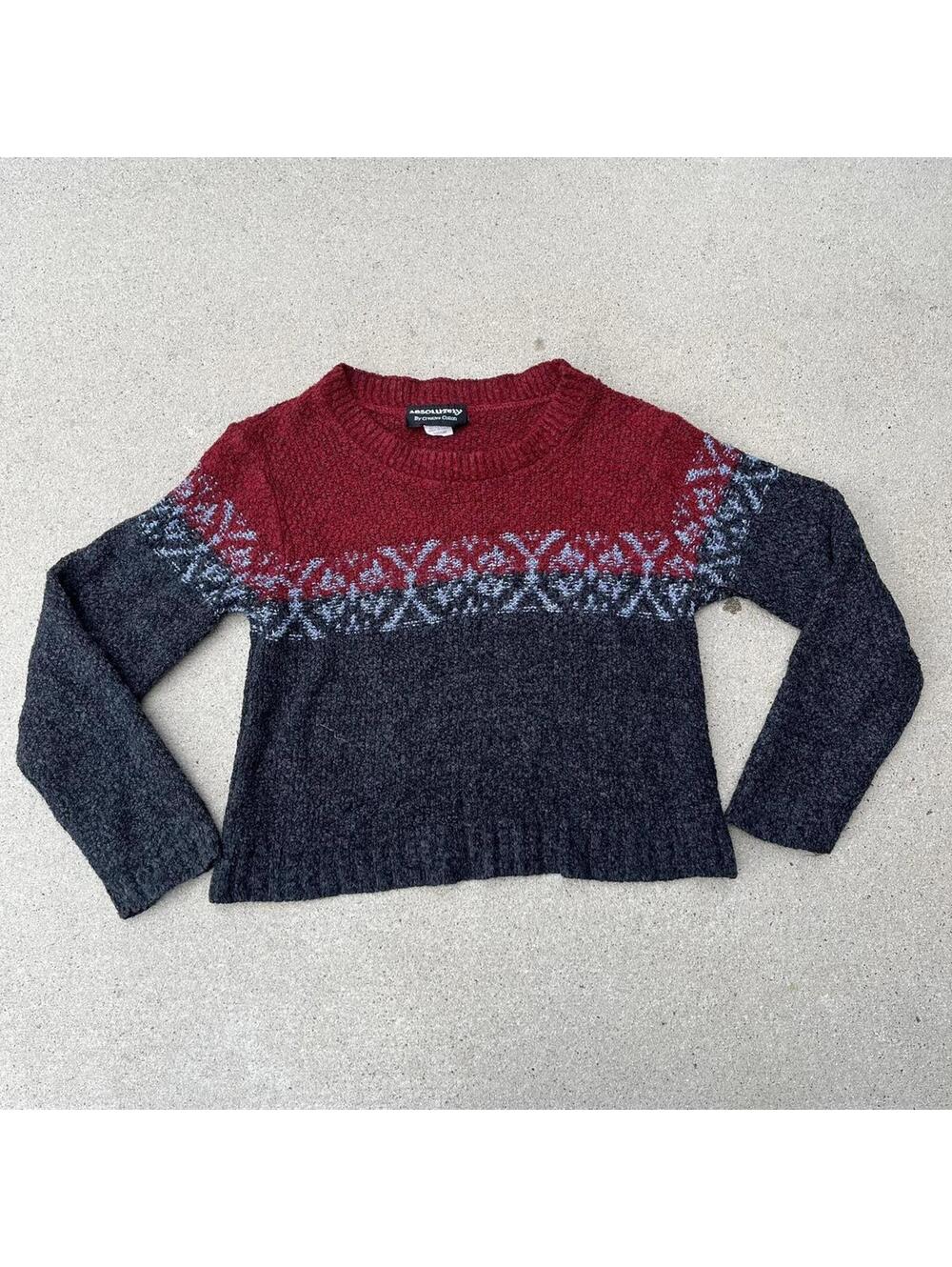 2000s red & gray colorblock  absolutely sweater with blue snowflake style print